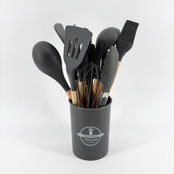11-Piece Silicone Kitchen Utensil Set with Wooden Handles and Holder - BPA Free - Picture 1 of 9